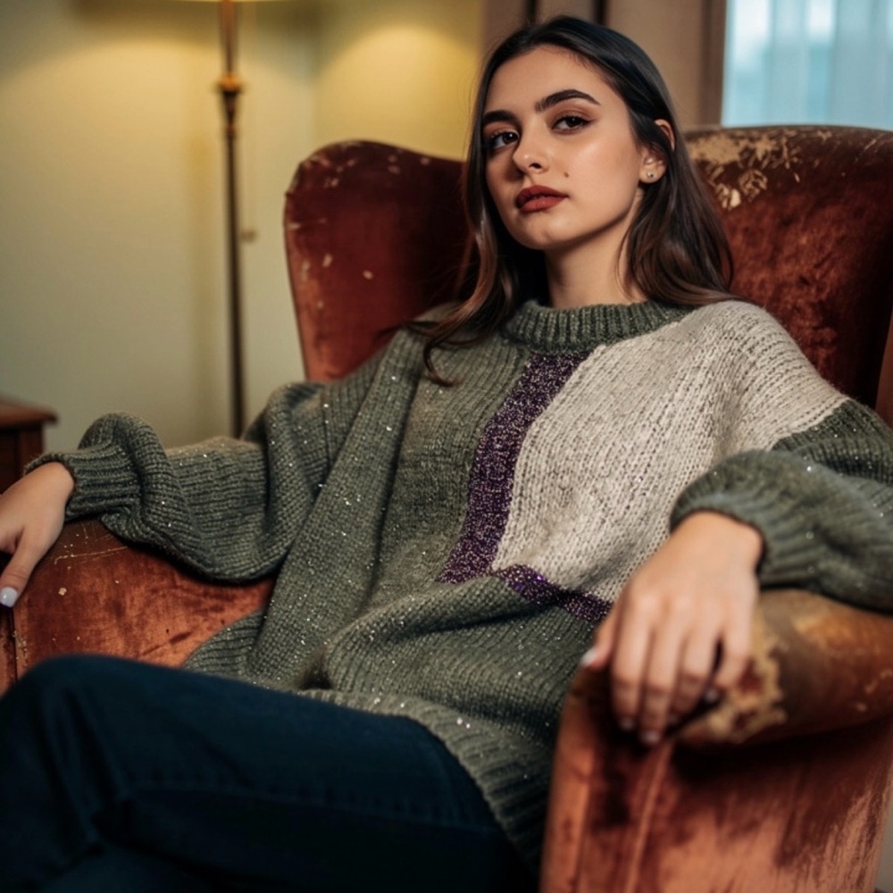 Women's Olive and Cream Sweater